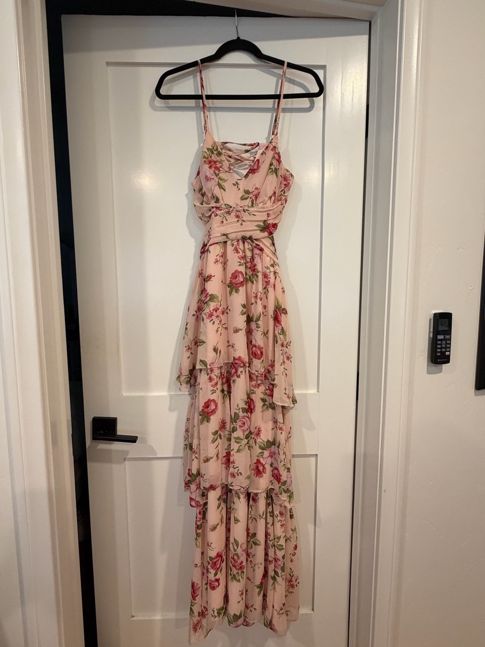 Women's Pink Floral Tiered Maxi Dress with Spaghetti Straps